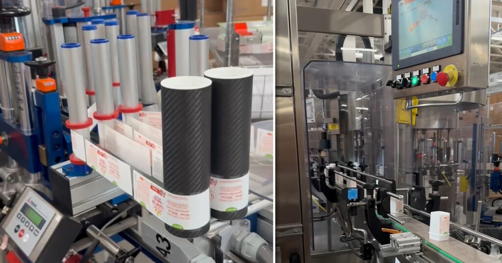 Calyx Containers labels cannabis packaging (left side of image), while the packaging line and HMI support automated equipment operation (right side of image).
