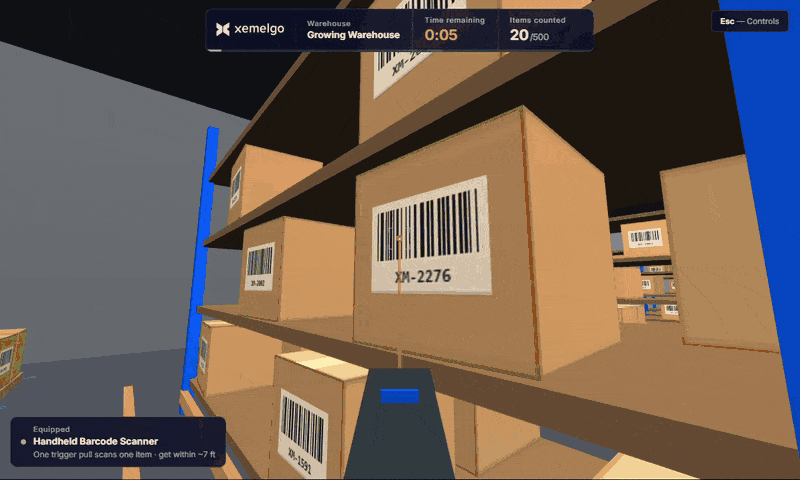 Xemelgo Experience Center virtual warehouse game comparing barcode scanning and RFID technology for inventory counting