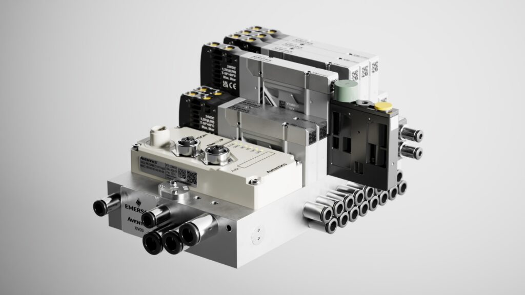 Emerson AVENTICS Series XV valve technology for pneumatic control in packaging machinery.