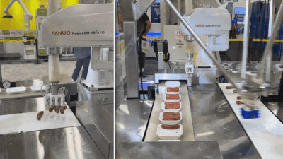 FANUC demonstrates food-grade robotic sausage handling and packaging at PACK EXPO Las Vegas 2025 with a DR-3iB/6 Stainless delta robot and food-grade SCARA robot.