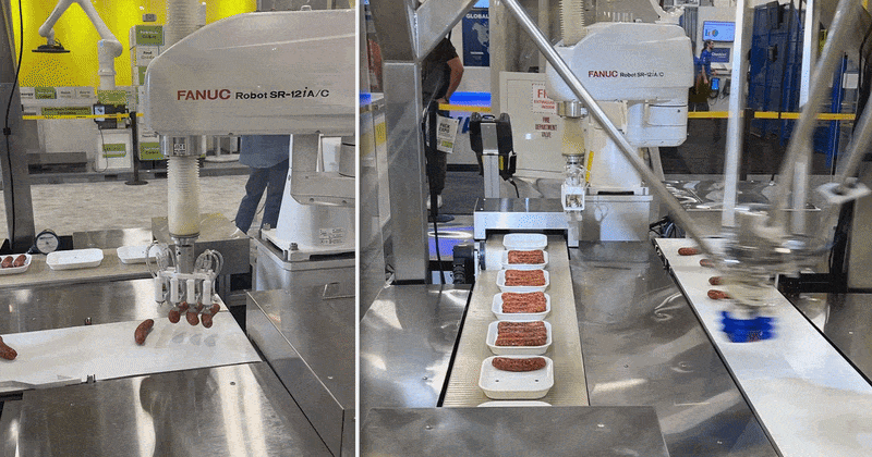 FANUC demonstrates food-grade robotic sausage handling and packaging at PACK EXPO Las Vegas 2025 with a DR-3iB/6 Stainless delta robot and food-grade SCARA robot.